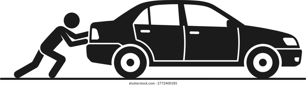 Black silhouette vector of a man pushing a broken down car on the road symbolizing vehicle breakdown, roadside assistance, and mechanical failure