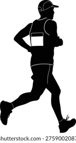 Black silhouette vector of a man running in athletic gear with a cap and hydration pack, isolated on a plain white background. White outlines define the contours of his body and gear, highlighting the motion of mid stride legs and bent arms. This energetic illustration is ideal for marathon promotions, trail running graphics, endurance sports branding, fitness programs, hydration product marketing, outdoor race events, and active lifestyle content. The silhouette style keeps the image bold and highly versatile for websites, posters, banners, apparel prints, apps, and social media visuals. The hydration pack detail makes it especially relevant for long distance running, ultramarathons, trekking races, and outdoor adventure sports. The isolated white background allows quick integration into professional digital and print layouts. The image communicates stamina, movement, training, health, and athletic focus.