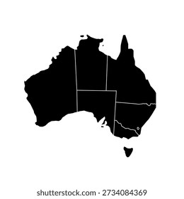 Black silhouette vector map of Australia with white region outlines, layered structure, and editable strokes. Scalable EPS vector suitable for geography, cartography, education, travel, infographic, and graphic design projects. Fully editable in vector software.