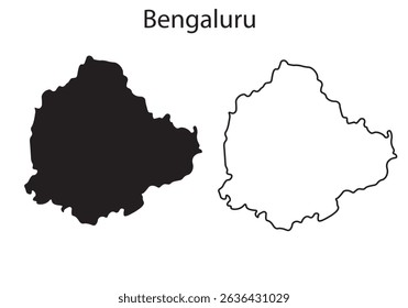 Black silhouette vector map of Bengaluru city, India. Minimal, flat design ideal for print, infographics, icons, and travel illustrations.