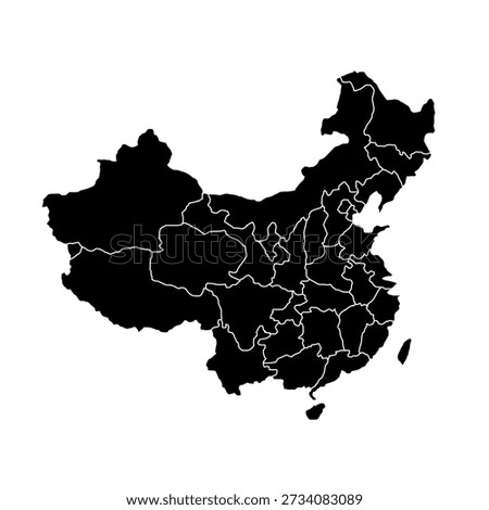 Black silhouette vector map of China with white region outlines, layered structure, and editable strokes. Scalable EPS vector suitable for geography, cartography, education, travel, infographic, and graphic design projects. Fully editable in vector software.