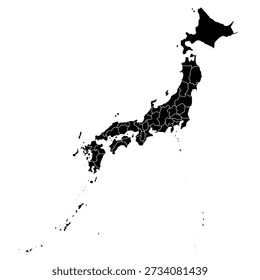 Black silhouette vector map of Japan with white region outlines, layered structure, and editable strokes. Scalable EPS vector suitable for geography, cartography, education, travel, infographic, and graphic design projects. Fully editable in vector software.