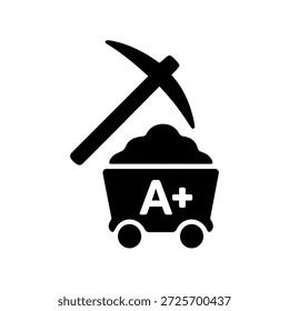Vetor de silhueta preta de um carrinho de mineração preenchido com minério de grau A+, acompanhado por uma picareta. Perfeito para mineração, extração de ouro, mineração criptomoeda, ícones de recursos e ilustrações industriais. Design vetorial simples de alta qualidade ideal para sites, aplicativos e materiais educacionais.