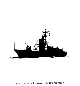 Black silhouette vector of a modern naval warship isolated on white background. Ideal for navy, maritime defense, military fleet, transportation, and naval warfare themes.