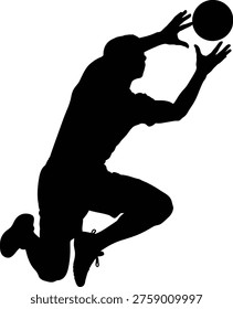 Black silhouette vector of a person in a dynamic athletic pose, jumping on one knee with the other foot raised and both arms outstretched to catch a ball, isolated on a plain white background. This energetic sports illustration captures agility, timing, balance, and motion, making it ideal for basketball, volleyball, handball, training graphics, fitness promotions, youth sports materials, and active lifestyle branding. The strong silhouette style ensures clear visibility in posters, banners, websites, apps, brochures, and team merchandise. The airborne posture communicates speed, competition, coordination, and determination while the isolated background allows easy integration into professional design layouts. Suitable for concepts involving catching, jumping drills, reflexes, team play, and athletic performance. 