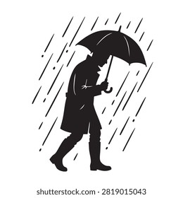 Black silhouette vector of person holding umbrella walking through heavy rainstorm isolated on white background ideal for weather forecasting graphics climate change concepts melancholic mood illustrations urban lifestyle design elements and creative storytelling artistic projects.