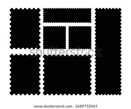 Black Silhouette Vector Postage Stamp Template Set. Perforated Rectangle and Square Frames for Mockup, Coupon, Ticket, and Retro Design deal for use as mockups, photo borders, coupons, tickets.