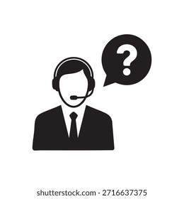 Vector negro de la silueta de un Representante profesional de la Asistencia al cliente que lleva un auricular y una corbata con una burbuja del discurso que contiene un signo de interrogación, ideal para la mesa de ayuda, centro de llamadas, atención del Cliente, un