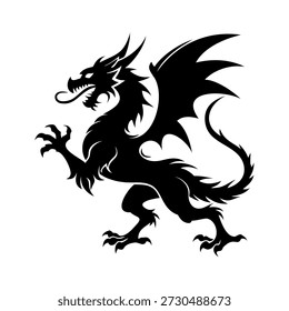 Vetor de silhueta preta de dragão heráldico desenfreado com asas de morcego, garras afiadas e pose agressiva. Perfeito para logotipos, cristas, designs de fantasia medieval, recursos para jogos e emblemas heráldicos.