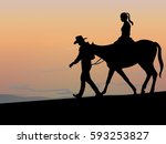 Black silhouette vector of a rider on a horse on sunset background, girl on the horse and the man walk near