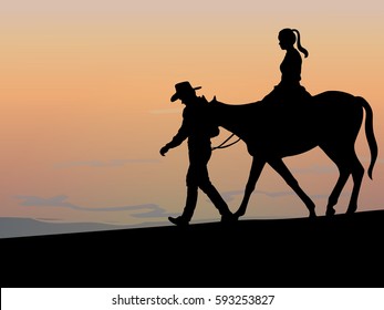 Black silhouette vector of a rider on a horse on sunset background, girl on the horse and the man walk near