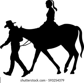 Black silhouette vector of a rider on a horse on a white background, girl on the horse and the man walk near