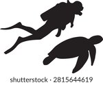 Black silhouette vector of a scuba diver and sea turtle swimming together in a clear underwater scene, ideal for marine or adventure themes.