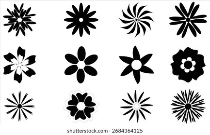 Vetor de Silhueta Preta Conjunto de Ícones de Flor Abstratos e Minimalistas