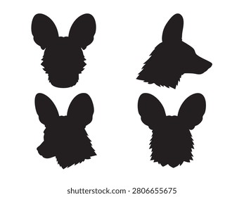 Black Silhouette Vector Set of African Wild Dog and Fox Head Profile Icons