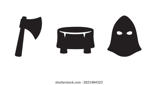 Black Silhouette Vector Set of Axe, Cauldron and Hooded Figure Medieval Icons
