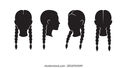 Black Silhouette Vector Set of Braided Pigtail and Twin Braid Female Head Profiles