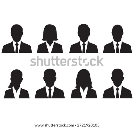 Black silhouette vector set of business avatars: men and women in suits. Ideal as profile icons for team charts, professional directories, or user accounts.
