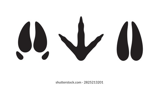 Black Silhouette Vector Set of Cloven Hoof, Bird Foot and Deer Track Print Icons
