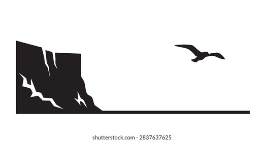 Black Silhouette Vector Set of Coastal Cliff Headland and Seagull Seascape Scene Illustrations