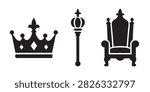 Black Silhouette Vector Set of Crown, Scepter and Royal Throne Medieval Illustrations 
