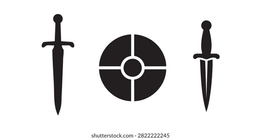 Black Silhouette Vector Set of Dagger, Shield Target and Sword Medieval Illustration 
