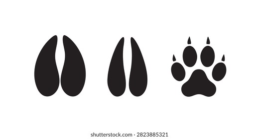 Black Silhouette Vector Set of Deer Hoof Cloven and Dog Paw Print Icons
