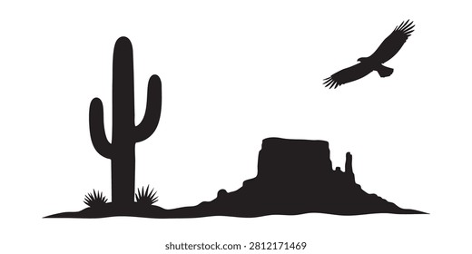 Black Silhouette Vector Set of Desert Cactus Mesa and Eagle Landscape Scene
