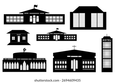 Black Silhouette Vector Set of Diverse Buildings and Architecture: Cityscape and Community Icons