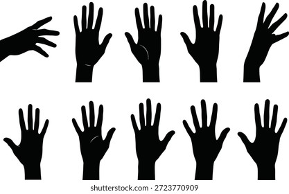 Conjunto de Vector de silueta negra de diversas manos humanas que muestran varios gestos, incluidas las palmas abiertas, el alcance y el saludo, esenciales para el Diseño gráfico, la comunicación y los Elementos de interfaz interactiva.