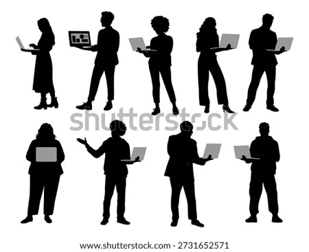 Black silhouette vector set of diverse professionals standing and working with laptops in various poses, isolated on white, ideal for business, technology, and corporate concepts.