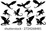 Black silhouette vector set of dragons in various poses, flying, crouching, standing for fantasy design, illustration, art, mythology, and decoration