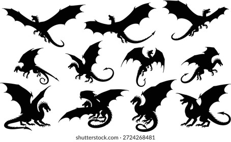 Conjunto de Vector de silueta negra de dragones en varias poses, volando, agachado, de pie para diseño de fantasía, ilustración, arte, mitología y decoración