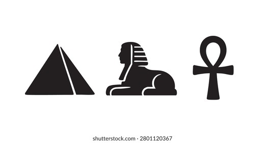 Black Silhouette Vector Set of Egyptian Pyramid Sphinx and Ankh