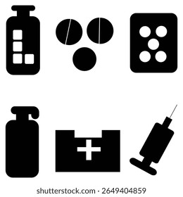 A black silhouette vector set featuring medicine bottles, capsules, syringes, and a first aid box. Flat healthcare symbols for medical infographics, pharmacy apps, and clinics.