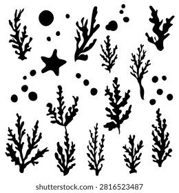 Black silhouette vector set featuring seaweed, coral branches, starfish, and underwater bubbles. Marine decorative elements for ocean, aquarium, coastal, and nautical themed designs.