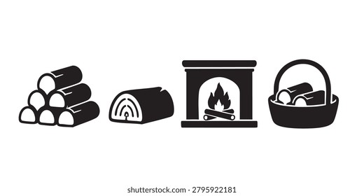 Black Silhouette Vector Set of Fireplace Log Basket and Cozy Home