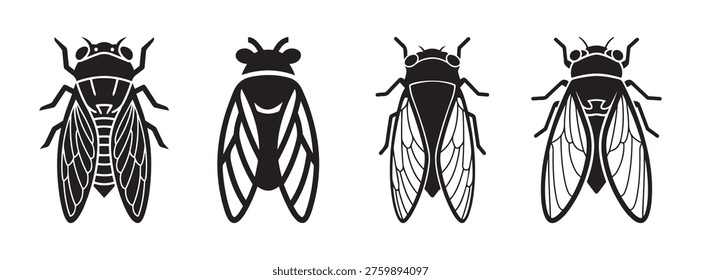 Black silhouette vector set of four cicada insects with detailed wings on white background