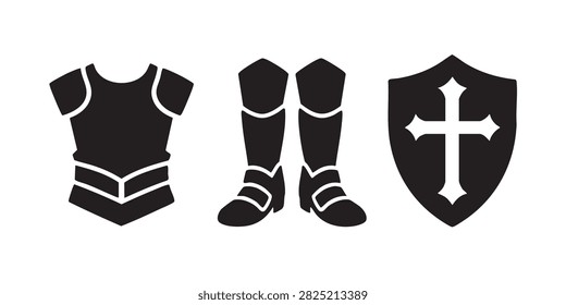 Black Silhouette Vector Set of Knight Armor, Boots and Cross Shield Medieval Illustrations