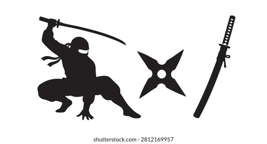 Черный силуэт векторный набор ниндзя борьбы Shuriken и катана меч