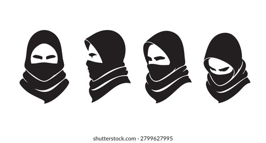 Black Silhouette Vector Set of Niqab and Face Veil Female Head Profiles