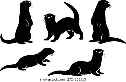 Vetor de silhueta preta conjunto de lontras em várias poses, de pé, andando, e deitado para o projeto animal, ilustração, arte e decoração