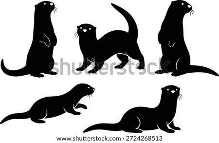 Black silhouette vector set of otters in various poses, standing, walking, and lying down for animal design, illustration, art, and decoration