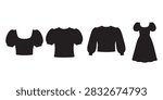 Black Silhouette Vector Set of Puff Sleeve, Blouse Crop Top and Mini Dress Illustrations