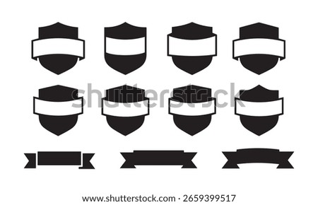 Black Silhouette Vector Set of Shield Icons with Ribbons and Banners for Emblems and Badges