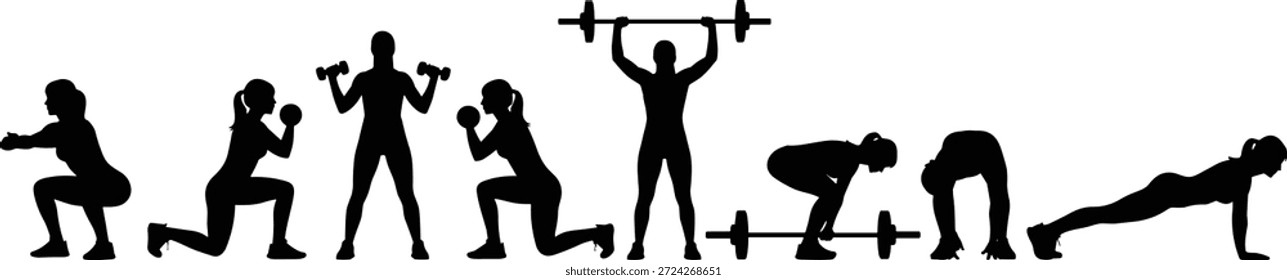 Vetor de silhueta preta conjunto de exercícios de treinamento de força, exercícios de fitness poses com halteres e barbells para ginástica, saúde, esporte e ilustração