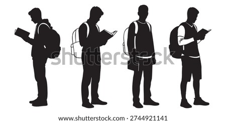 Black silhouette vector set of students with backpacks reading books and standing in various poses.