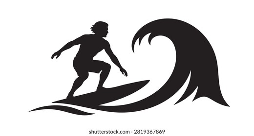 Black Silhouette Vector Set of Surfer Riding, Ocean Wave Scene