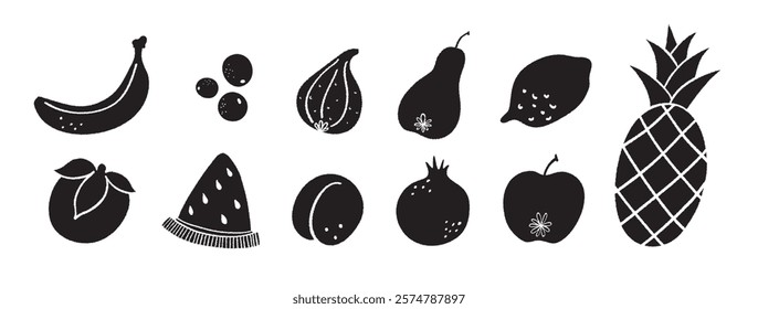 Black silhouette vector set of various fruits. Includes banana, grapes, fig, pear, lemon, pineapple, watermelon, apricot, pomegranate, persimmon, and apple. Isolated on white background.