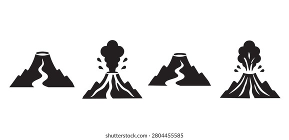 Black Silhouette Vector Set of Volcano Eruption and Lava Landscape Icons